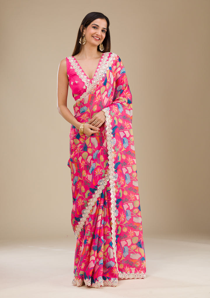 Rani Pink Threadwork Georgette Saree