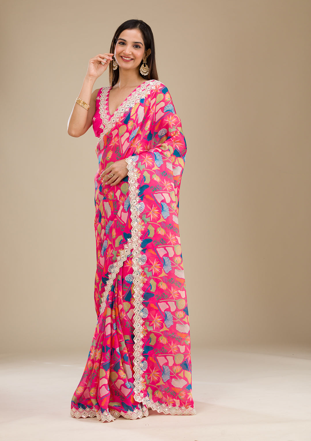 Rani Pink Threadwork Georgette Saree