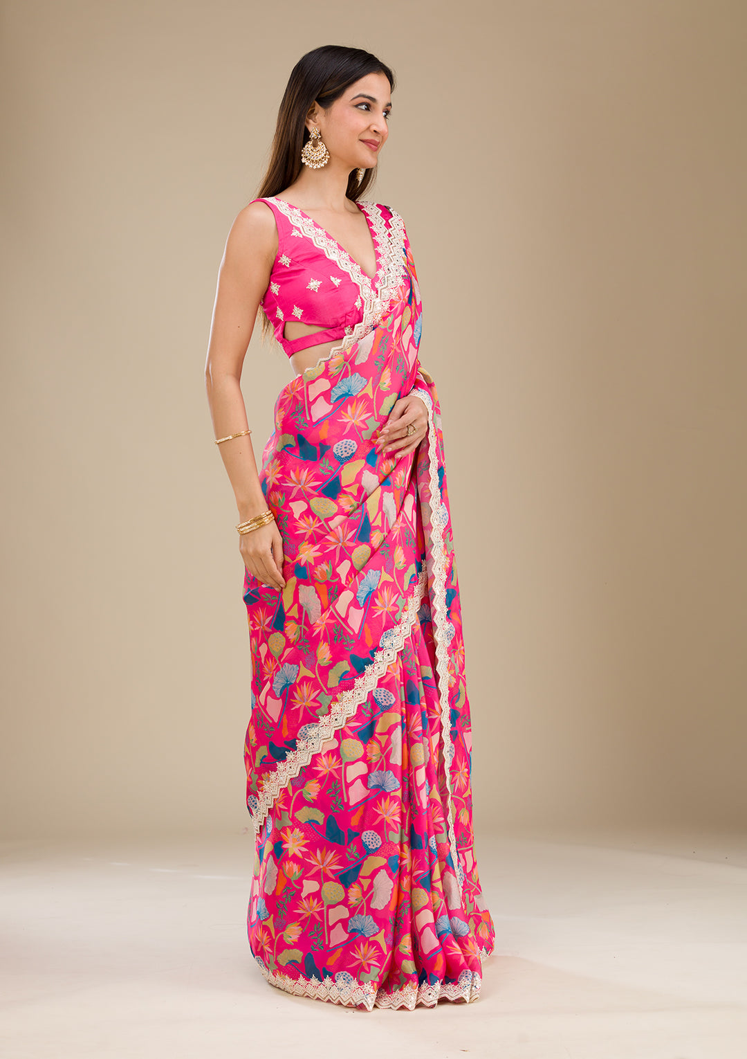 Rani Pink Threadwork Georgette Saree