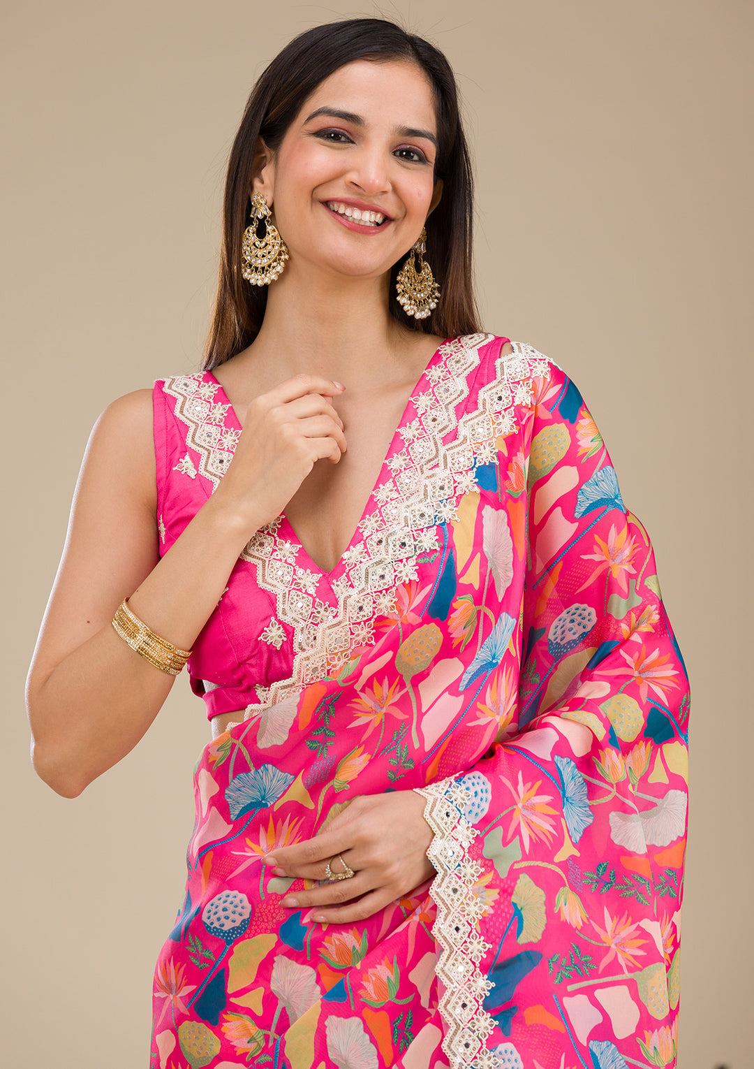 Rani Pink Threadwork Georgette Saree