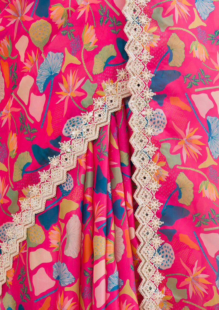 Rani Pink Threadwork Georgette Saree