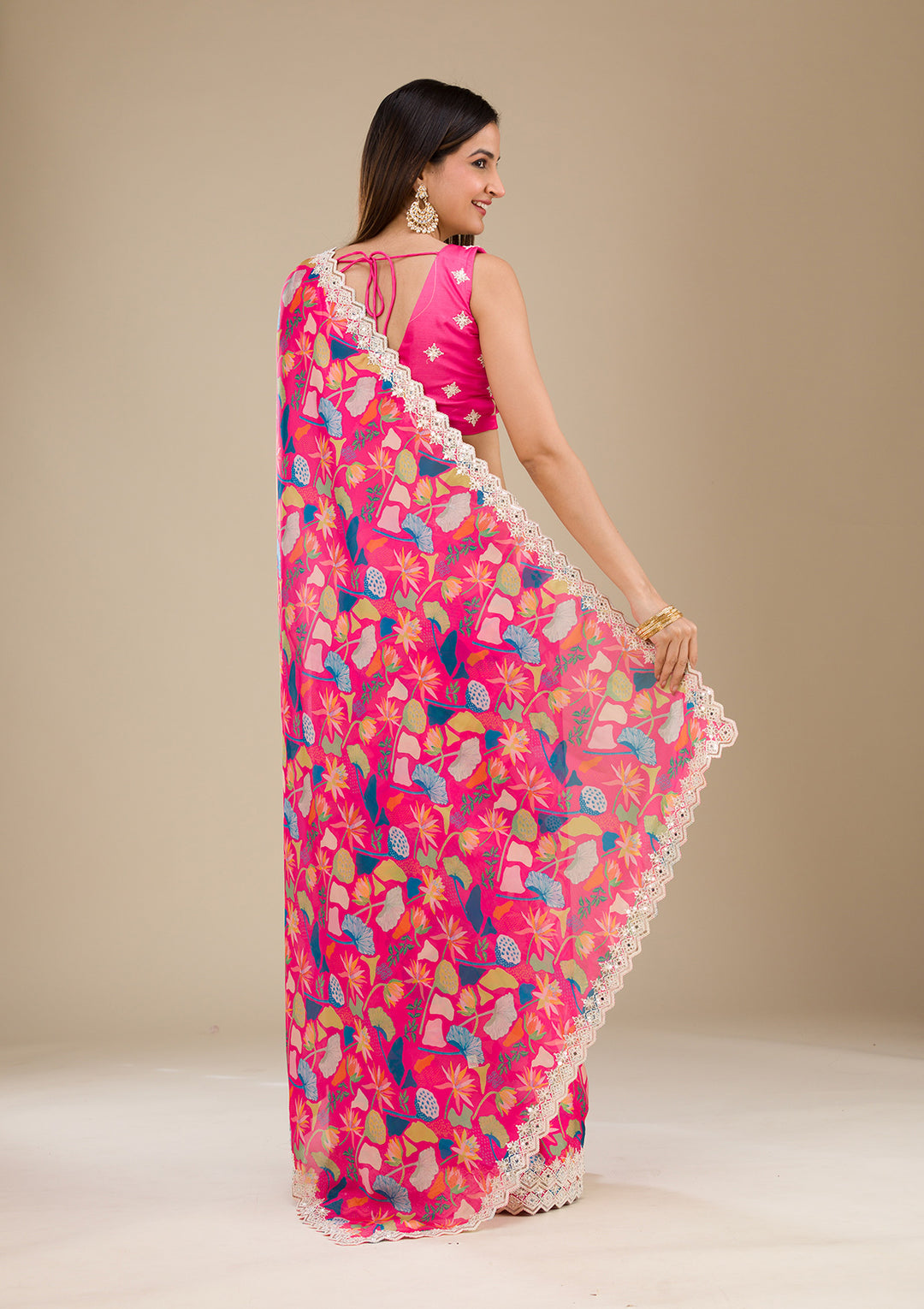 Rani Pink Threadwork Georgette Saree