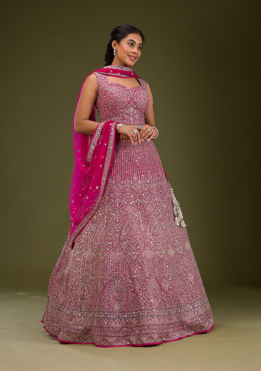 Rani Pink Threadwork Net Readymade Lehenga