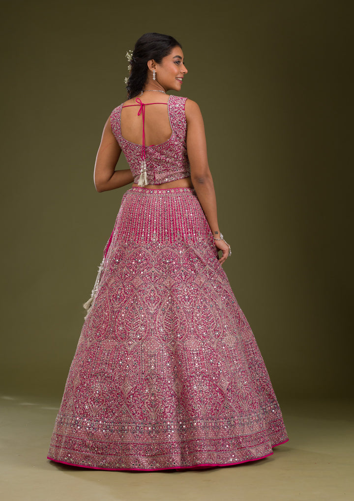 Rani Pink Threadwork Net Readymade Lehenga