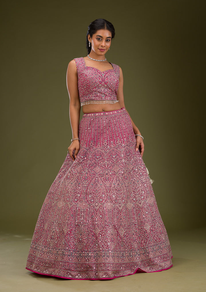 Rani Pink Threadwork Net Readymade Lehenga
