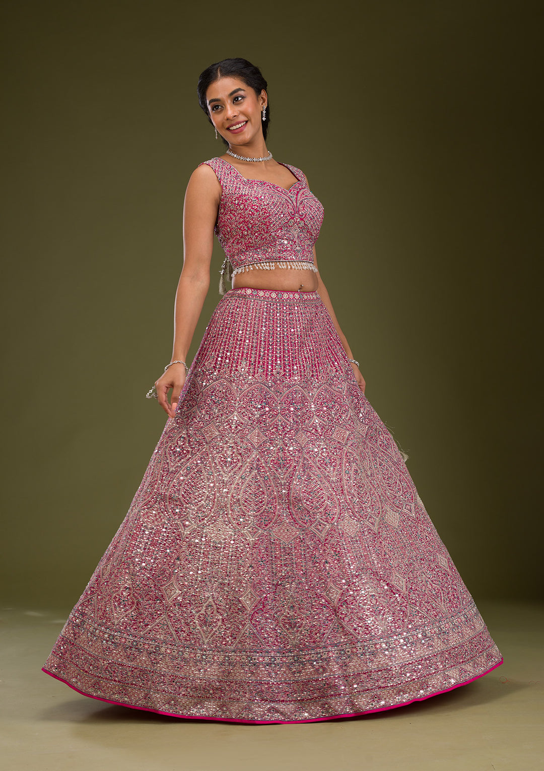 Rani Pink Threadwork Net Readymade Lehenga