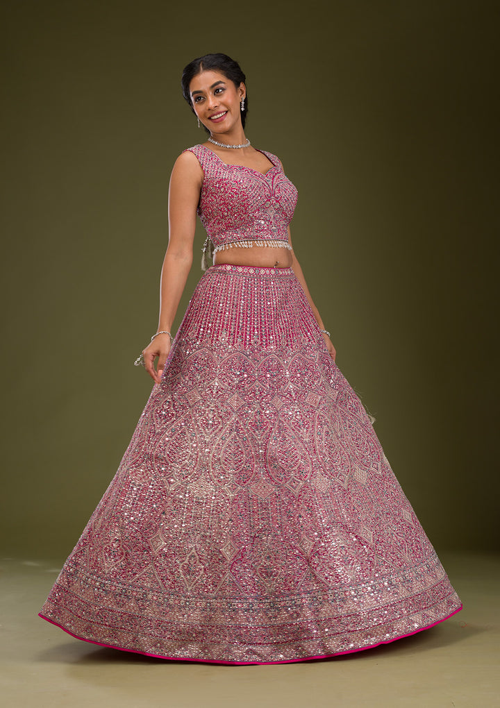 Rani Pink Threadwork Net Readymade Lehenga