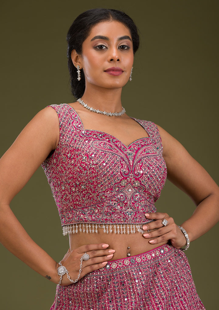 Rani Pink Threadwork Net Readymade Lehenga