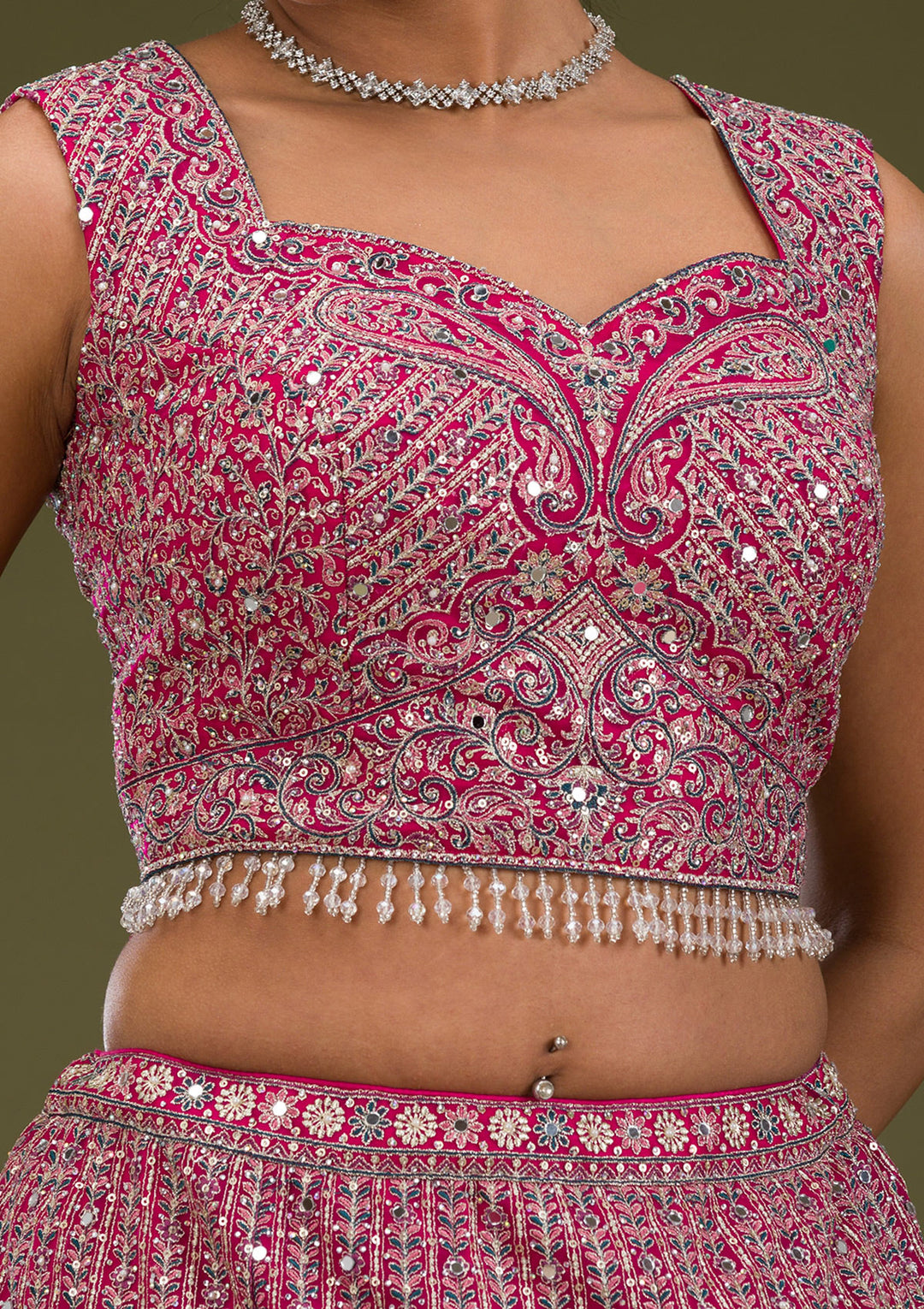 Rani Pink Threadwork Net Readymade Lehenga