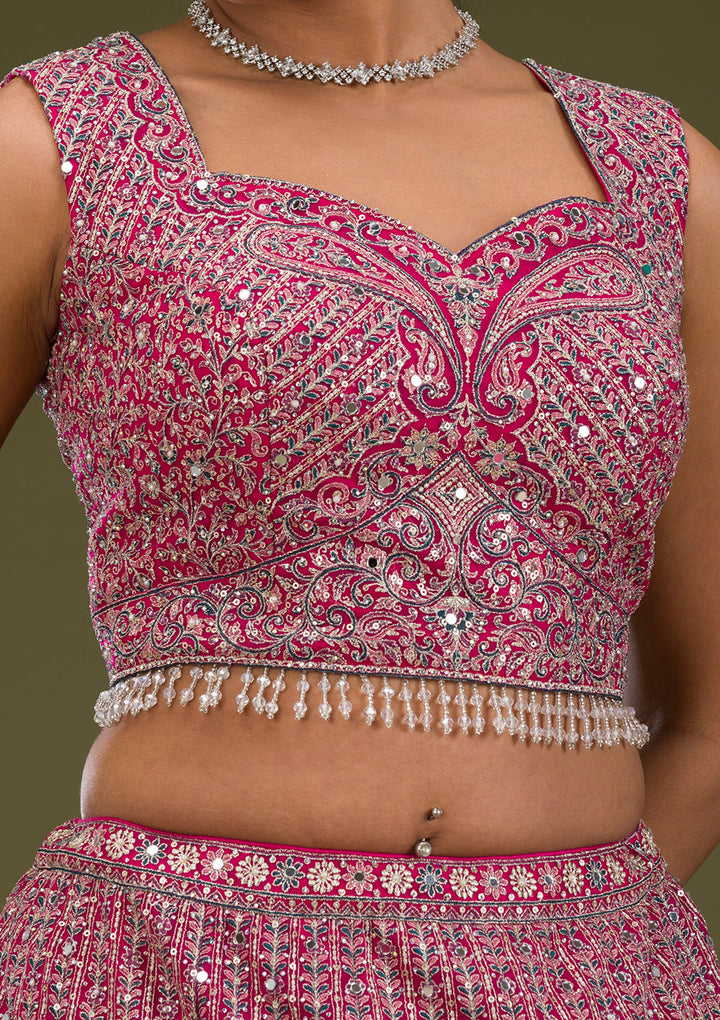 Rani Pink Threadwork Net Readymade Lehenga