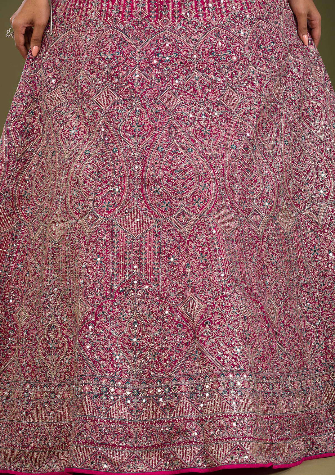 Rani Pink Threadwork Net Readymade Lehenga