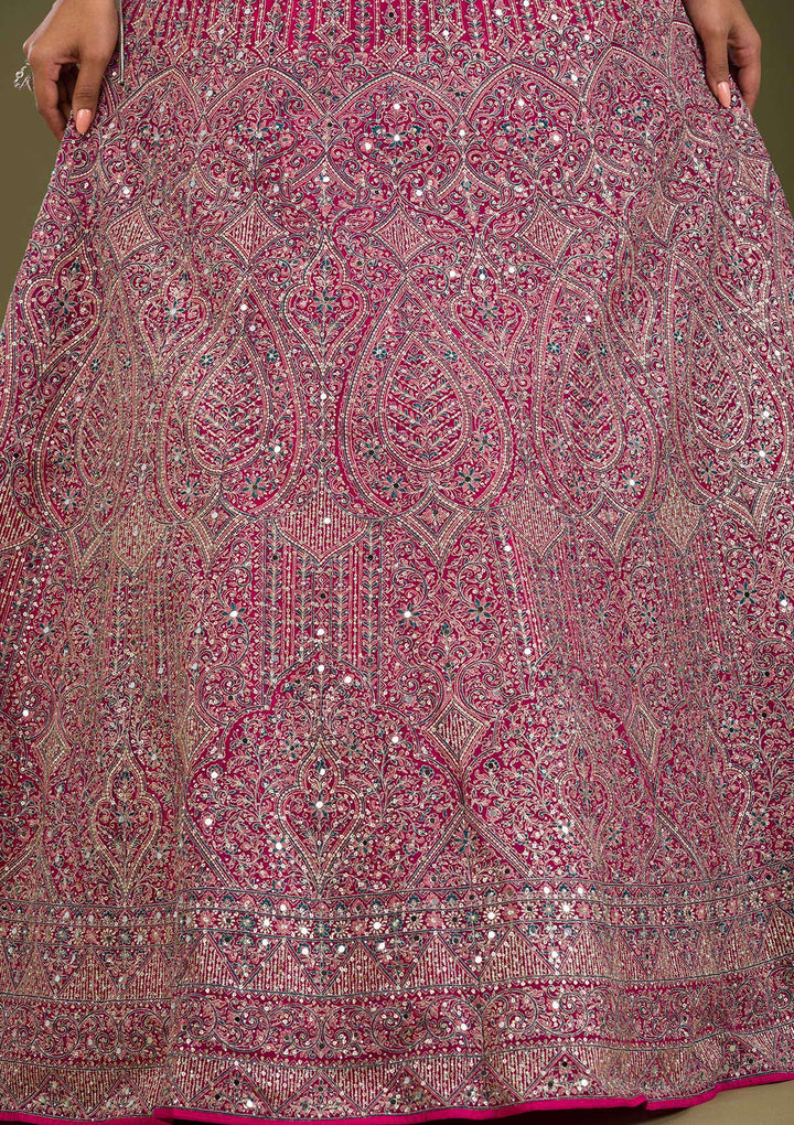 Rani Pink Threadwork Net Readymade Lehenga