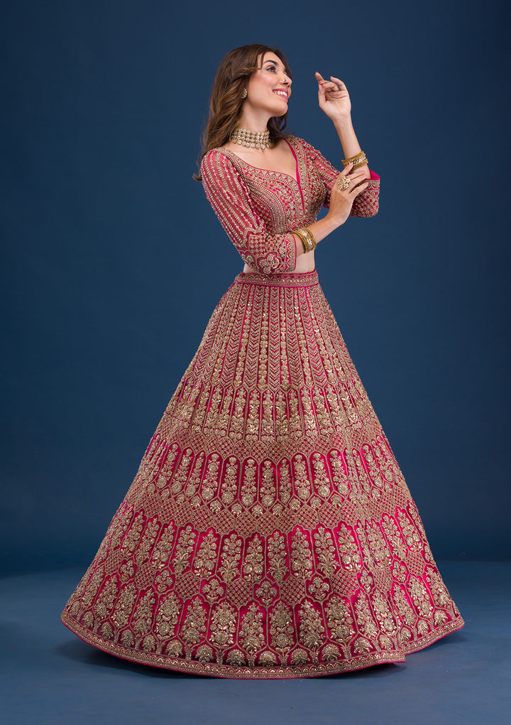 Rani Pink Threadwork Net Readymade Lehenga