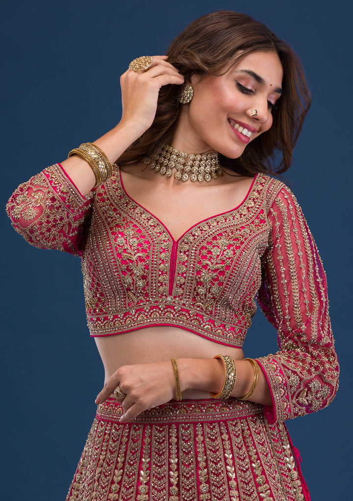Rani Pink Threadwork Net Readymade Lehenga