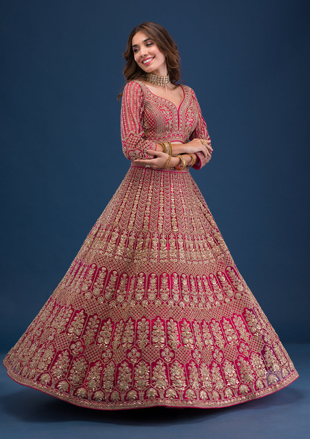 Rani Pink Threadwork Net Readymade Lehenga