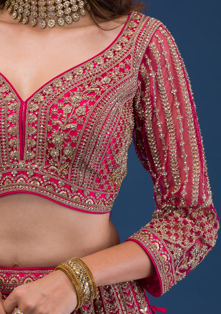 Rani Pink Threadwork Net Readymade Lehenga