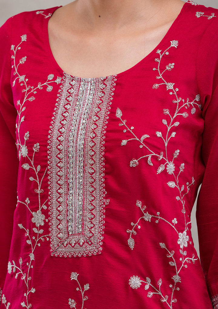 Rani Pink Threadwork Raw Silk Readymade Salwar Suit