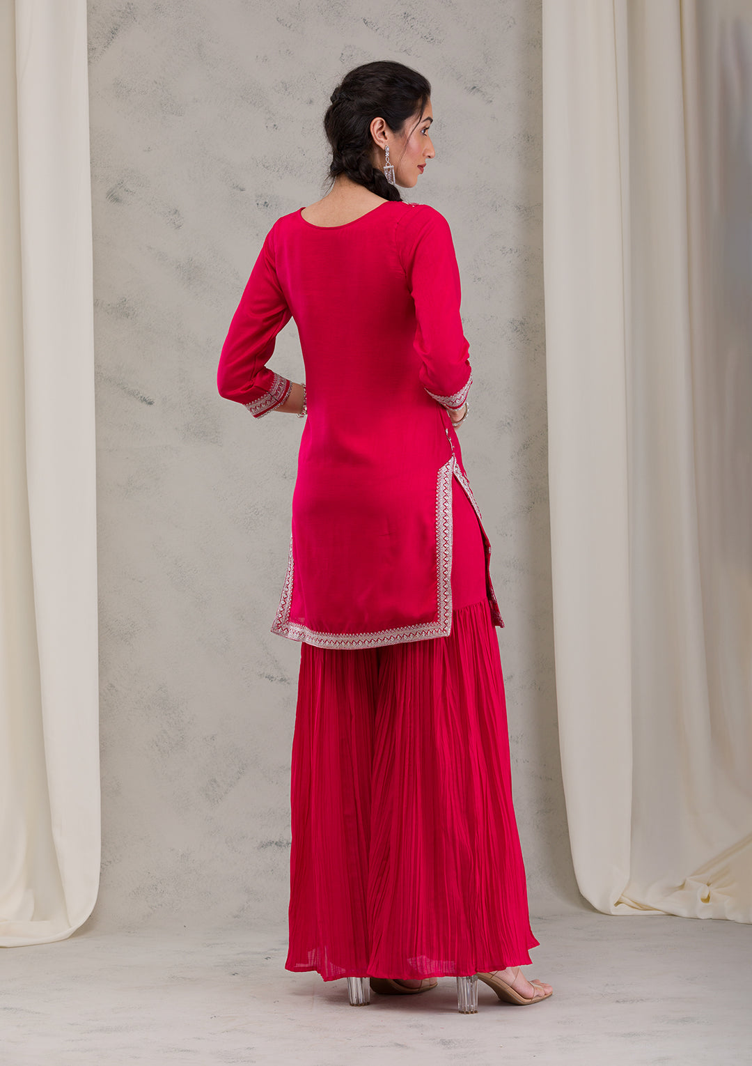 Rani Pink Threadwork Raw Silk Readymade Salwar Suit