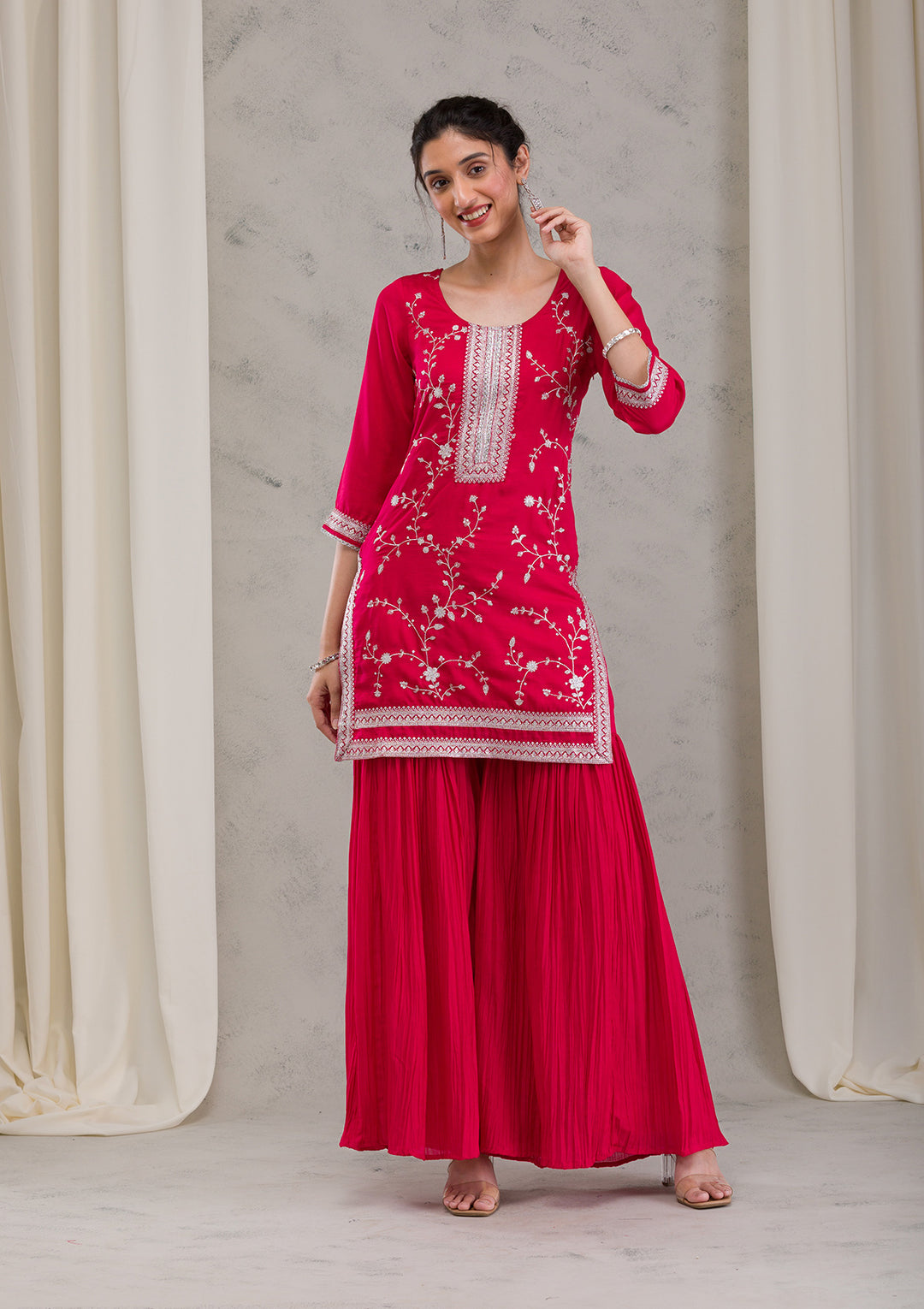 Rani Pink Threadwork Raw Silk Readymade Salwar Suit