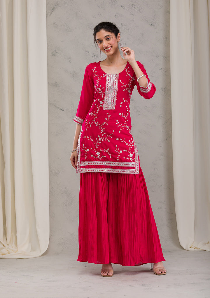 Rani Pink Threadwork Raw Silk Readymade Salwar Suit