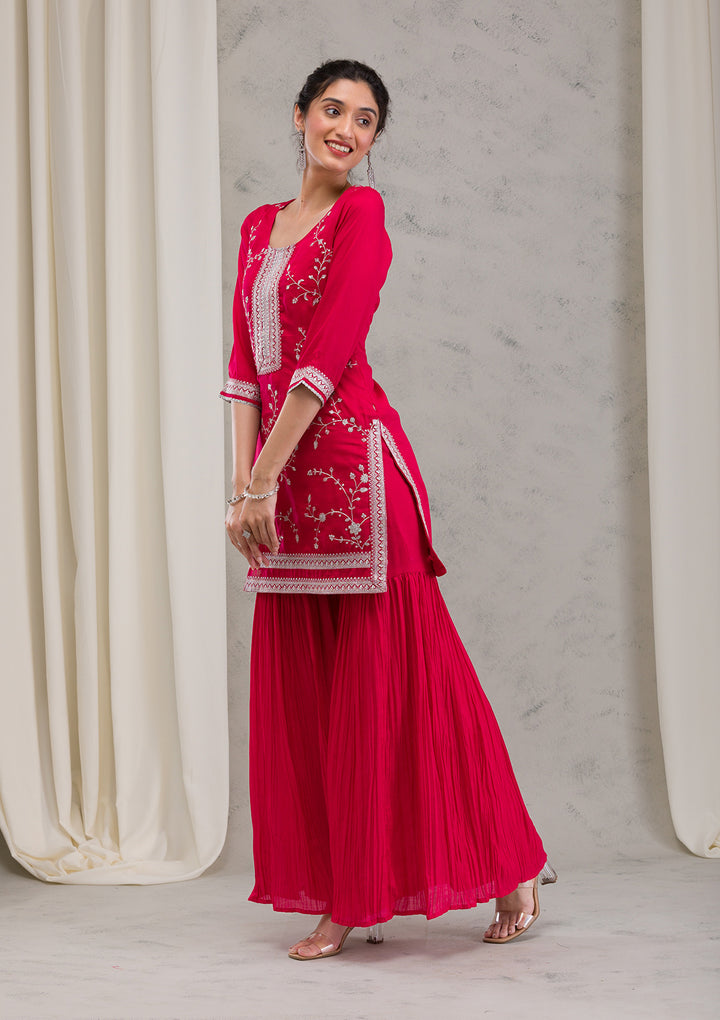 Rani Pink Threadwork Raw Silk Readymade Salwar Suit