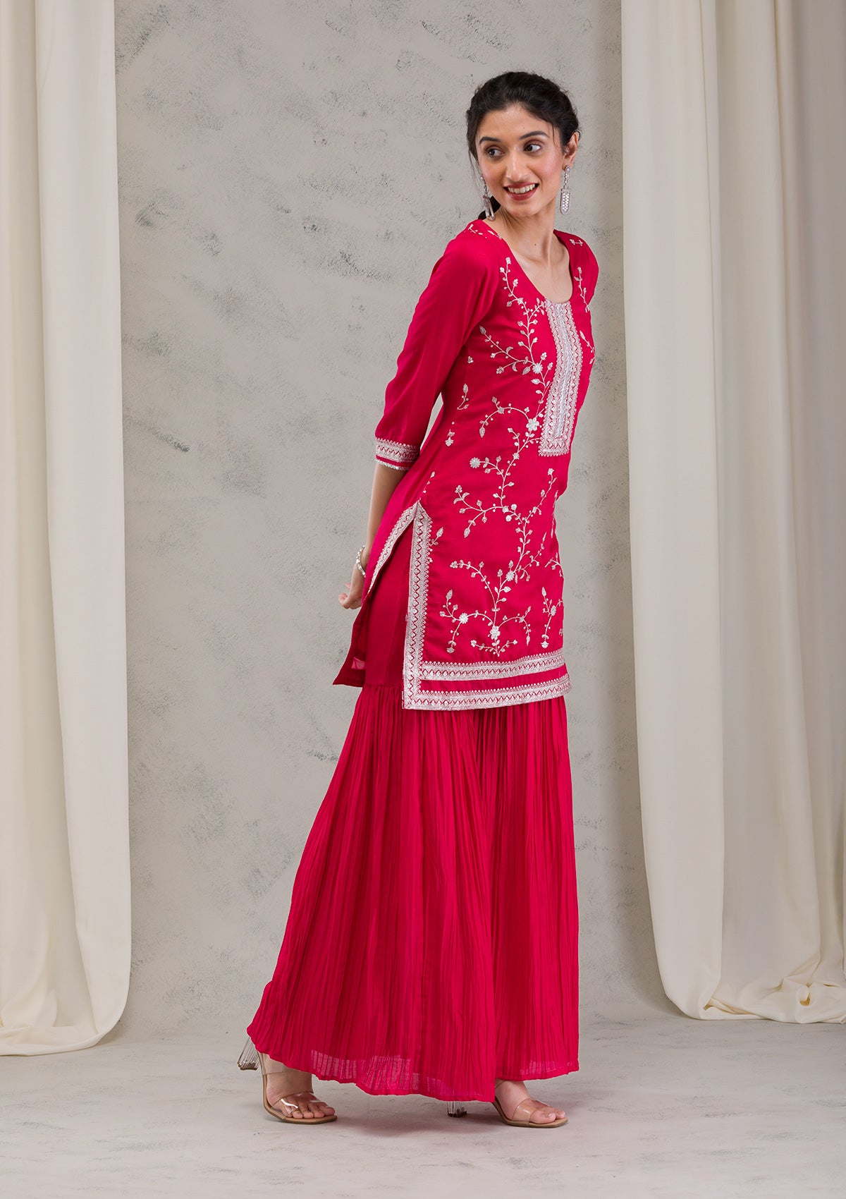 Rani Pink Threadwork Raw Silk Readymade Salwar Suit