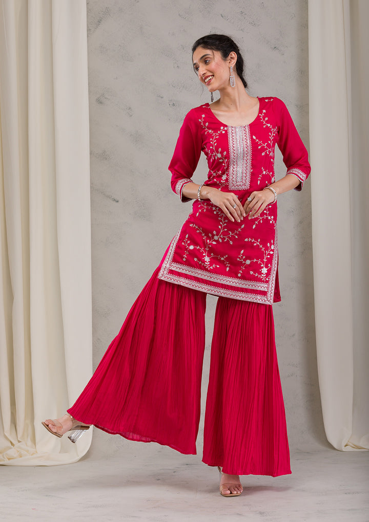 Rani Pink Threadwork Raw Silk Readymade Salwar Suit