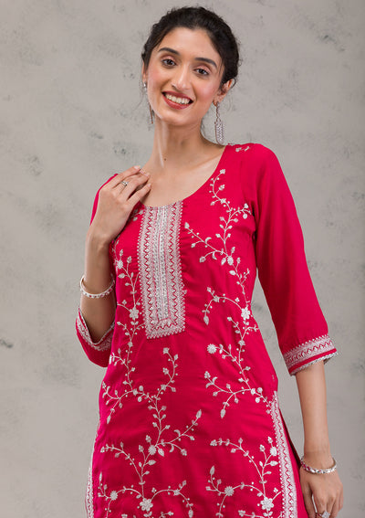 Rani Pink Threadwork Raw Silk Readymade Salwar Suit