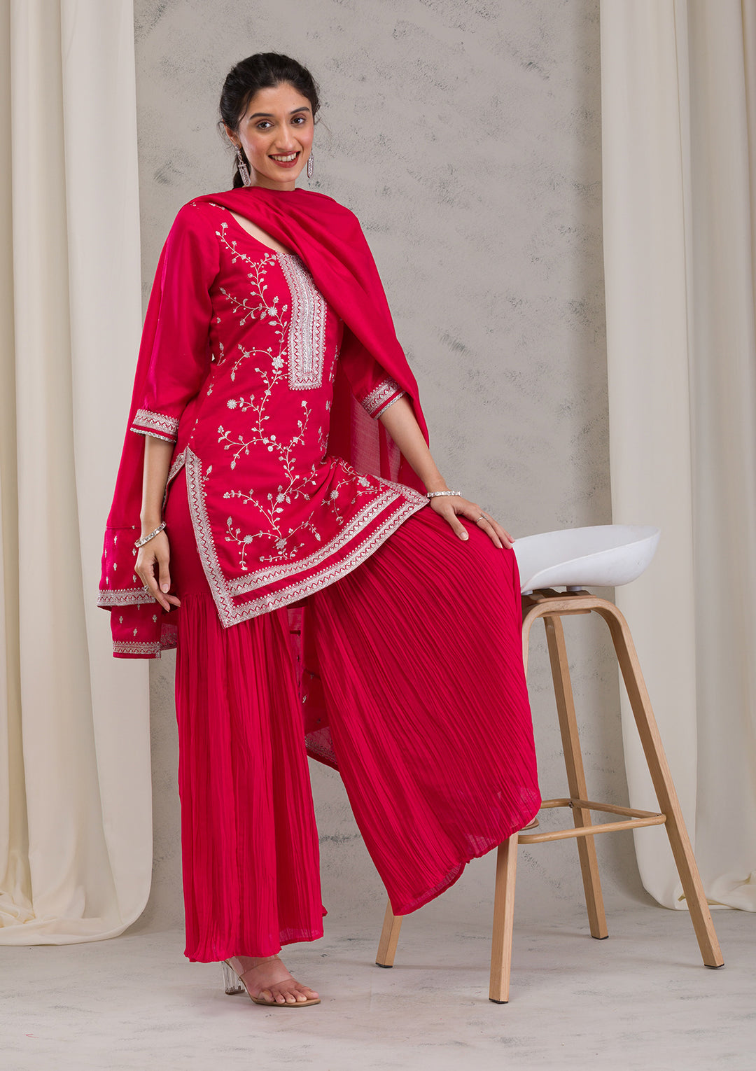 Rani Pink Threadwork Raw Silk Readymade Salwar Suit