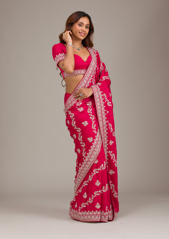 Rani Pink Threadwork Satin Saree