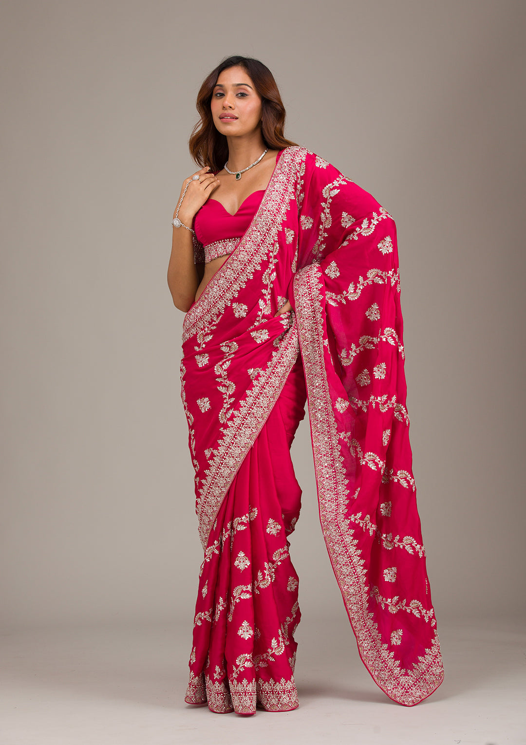Rani Pink Threadwork Satin Saree