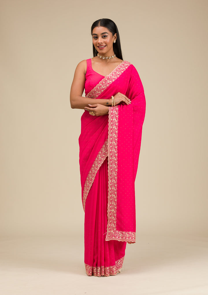 Rani Pink Threadwork Soft Silk Saree