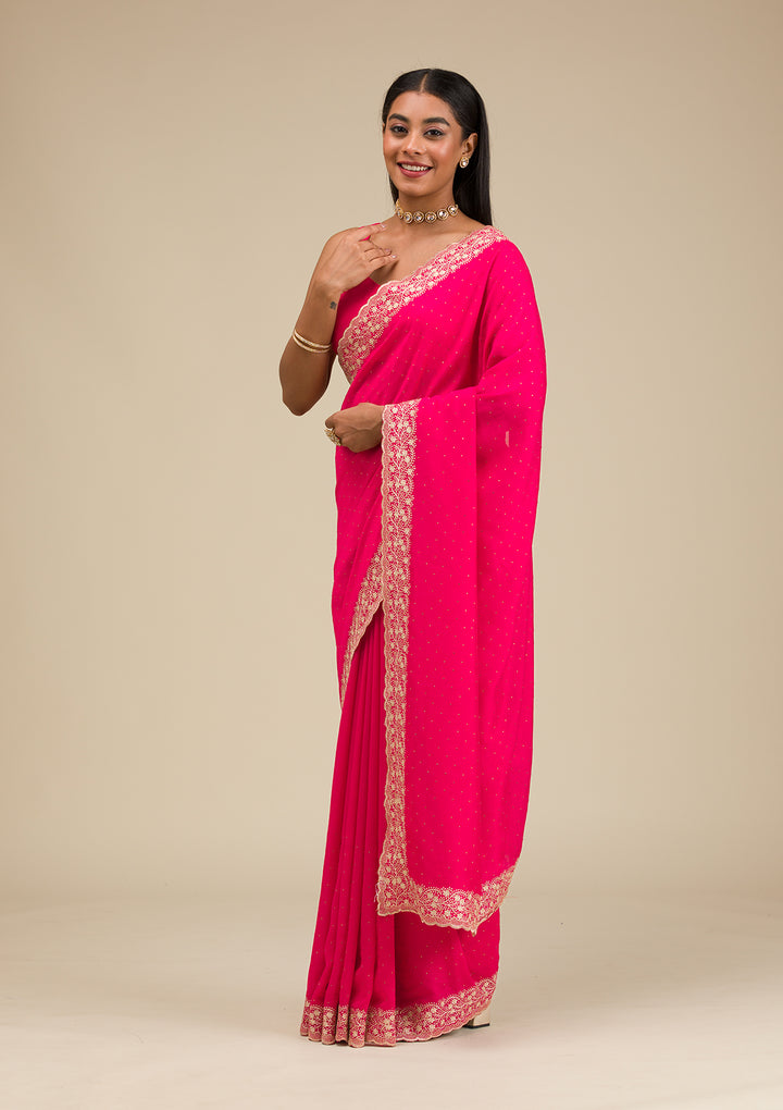 Rani Pink Threadwork Soft Silk Saree