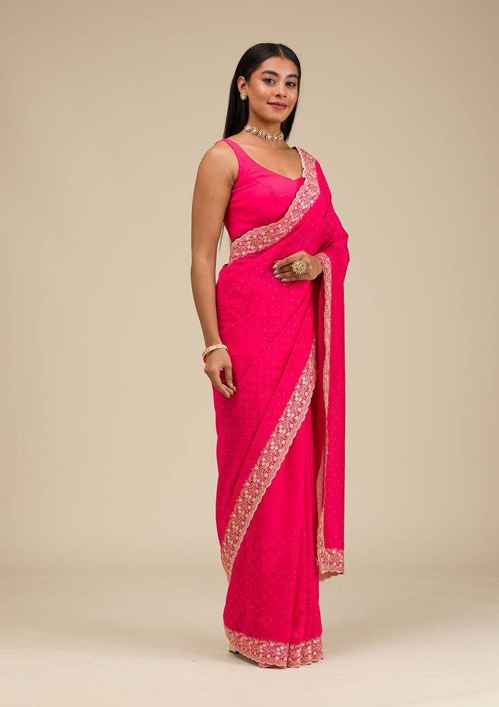 Rani Pink Threadwork Soft Silk Saree