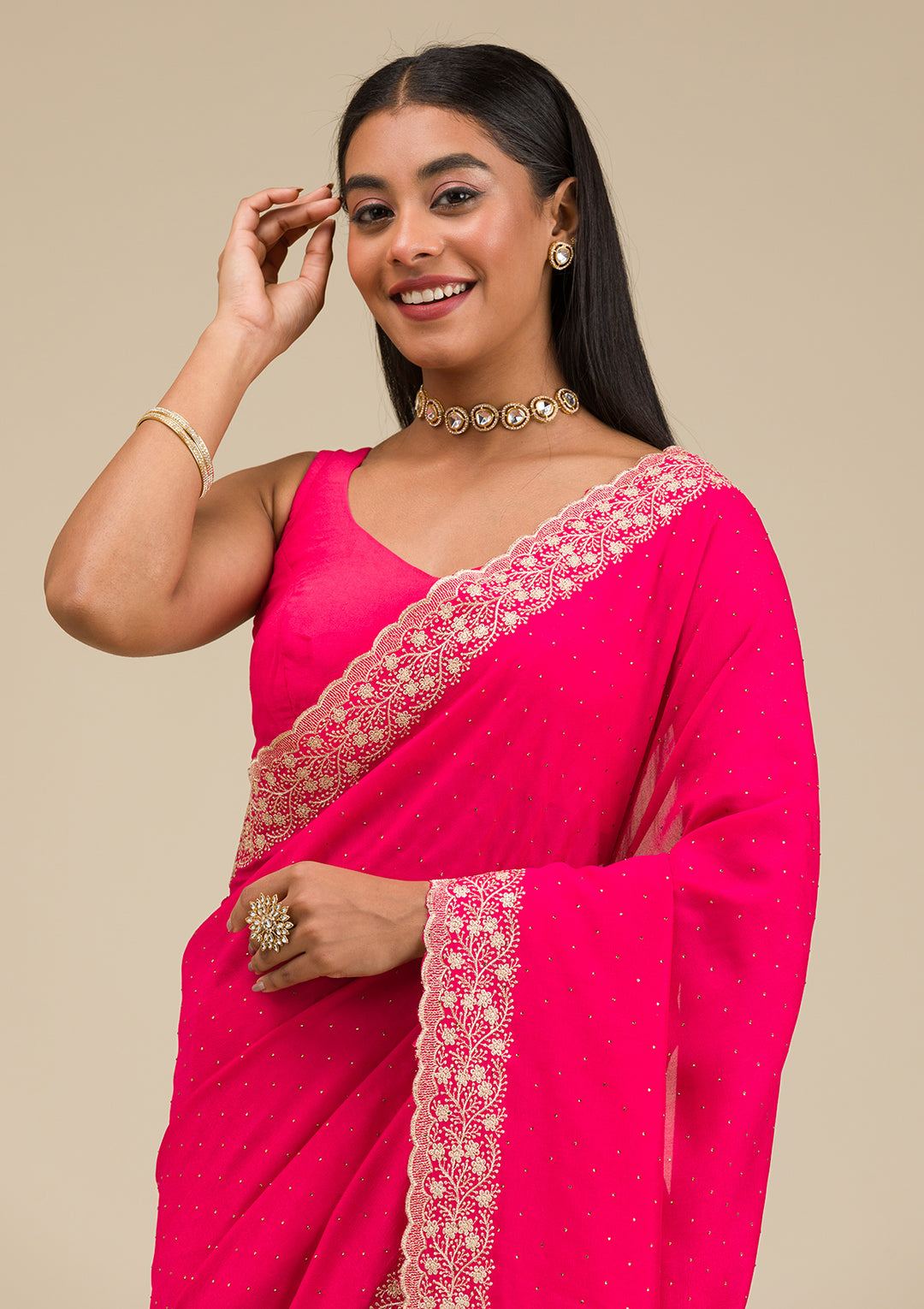 Rani Pink Threadwork Soft Silk Saree