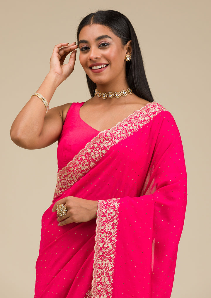 Rani Pink Threadwork Soft Silk Saree