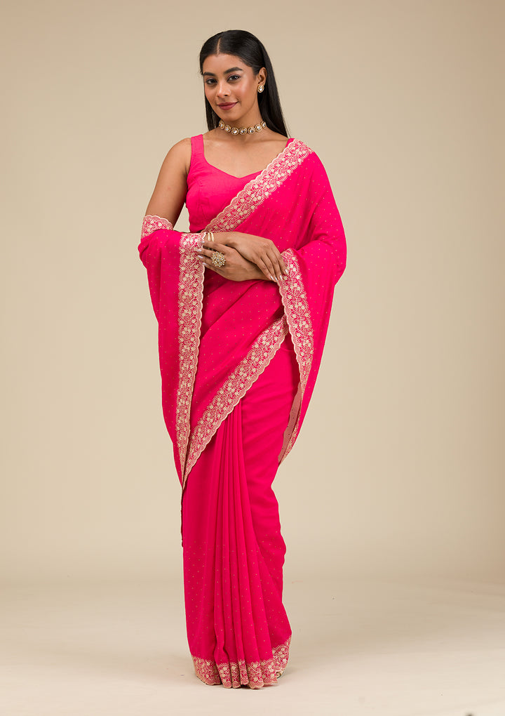 Rani Pink Threadwork Soft Silk Saree