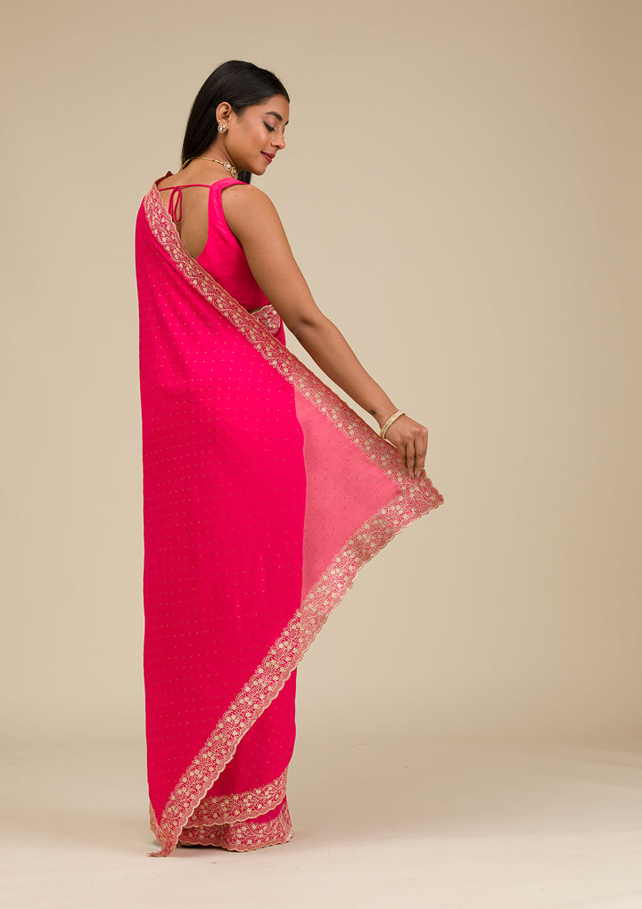 Rani Pink Threadwork Soft Silk Saree