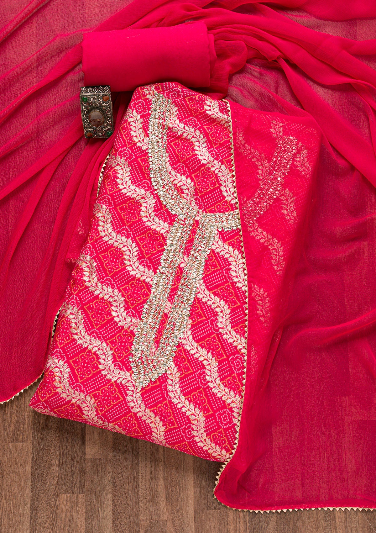 Rani Pink Zardosi Bandhini Unstitched Salwar Suit