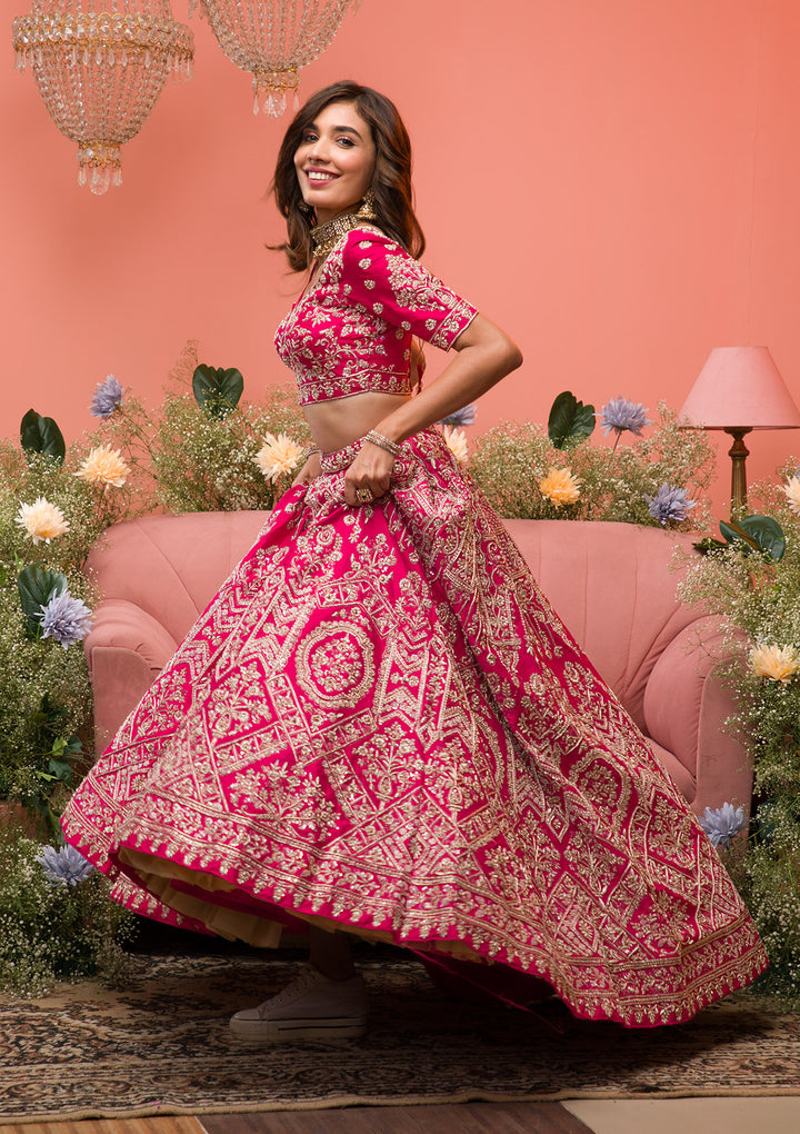 Rani Pink Zardosi Raw Silk Semi Stitched Lehenga