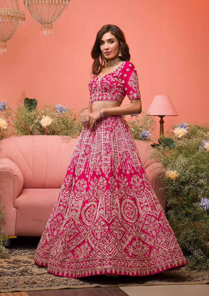 Rani Pink Zardosi Raw Silk Semi Stitched Lehenga