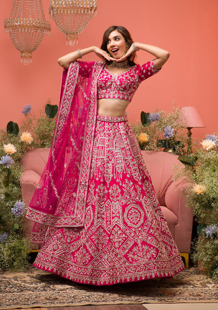 Rani Pink Zardosi Raw Silk Semi Stitched Lehenga