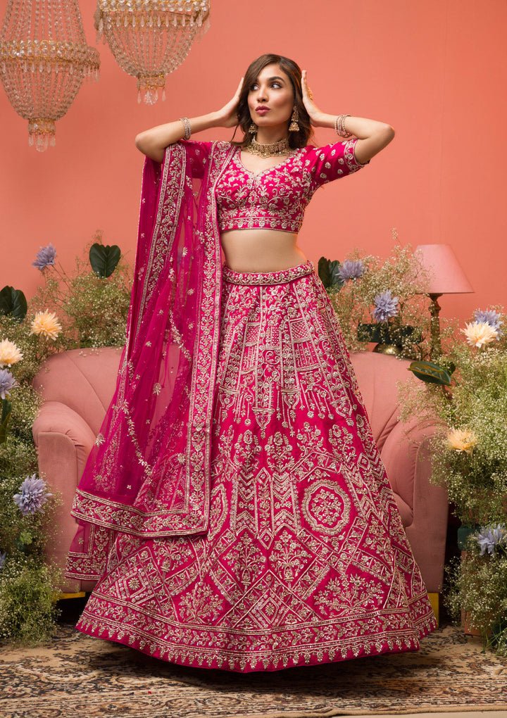 Rani Pink Zardosi Raw Silk Semi Stitched Lehenga