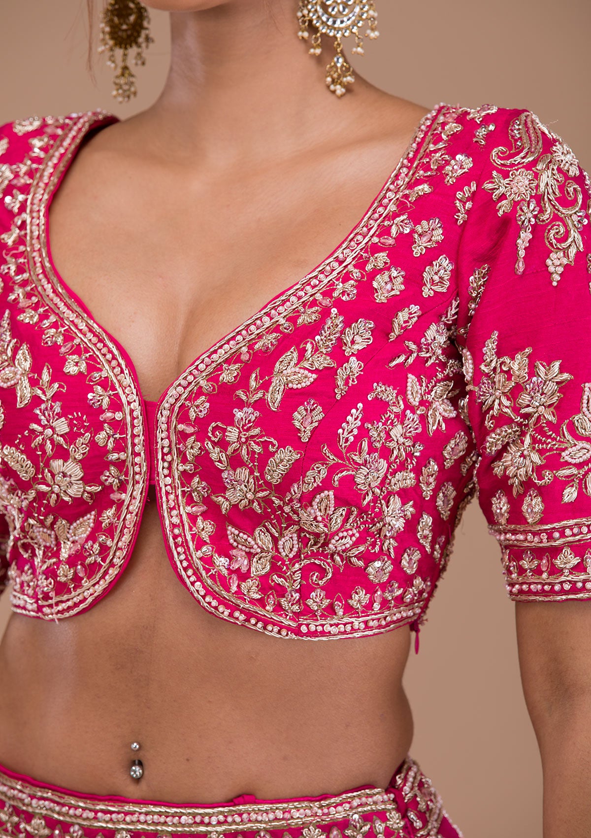 Rani Pink Zardosi Raw Silk Semi Stitched Lehenga