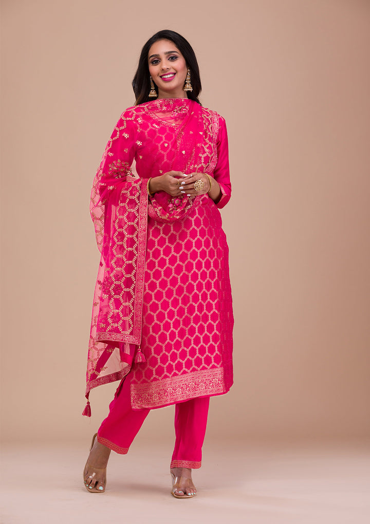 Rani Pink Zariwork Art Silk Readymade Salwar Suit