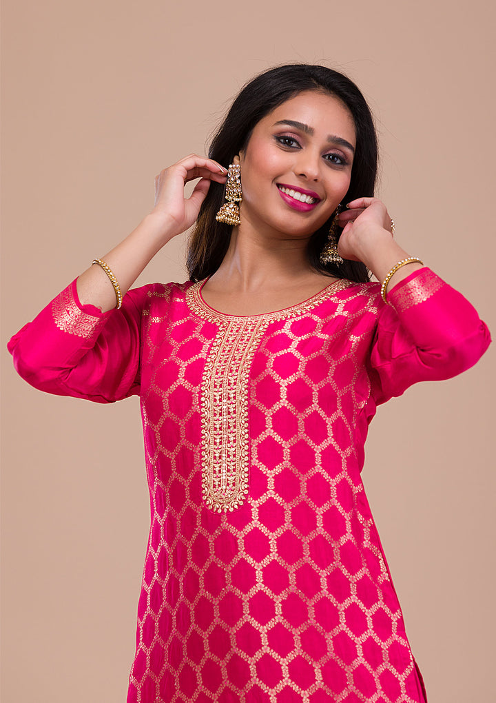 Rani Pink Zariwork Art Silk Readymade Salwar Suit