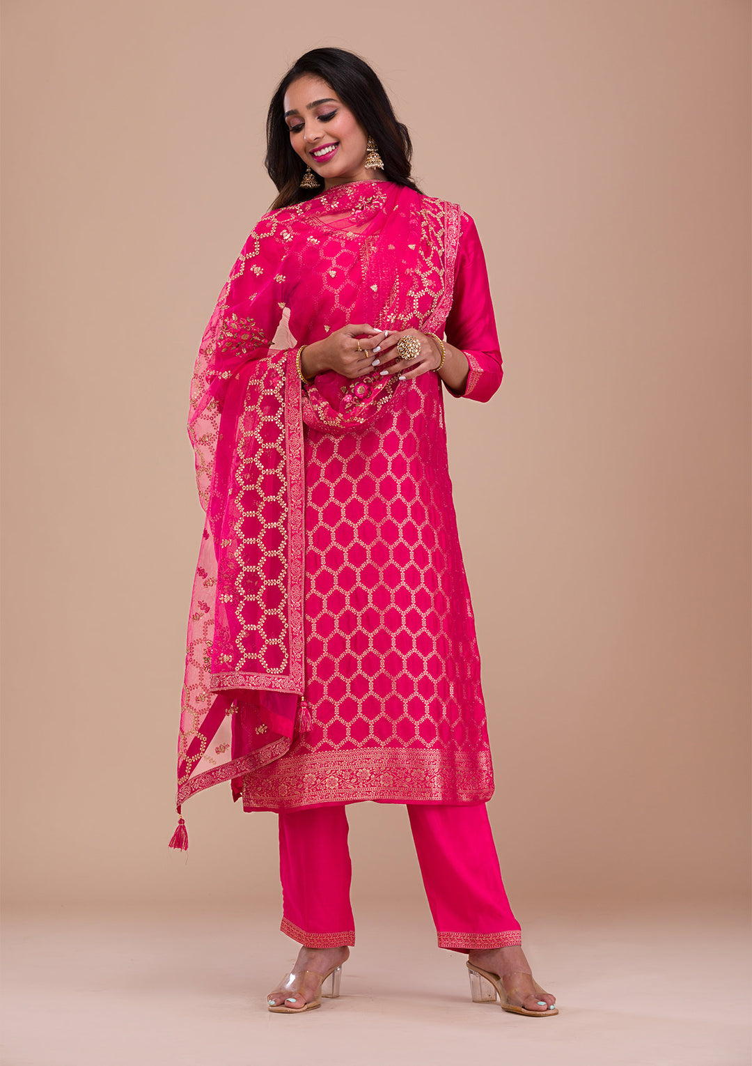 Rani Pink Zariwork Art Silk Readymade Salwar Suit