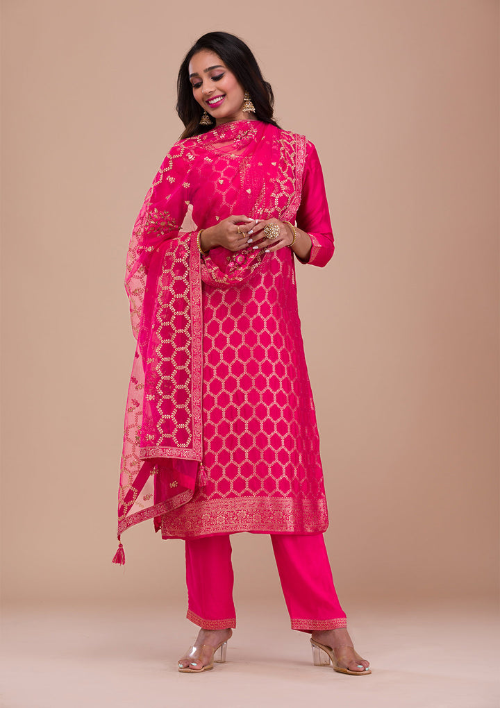 Rani Pink Zariwork Art Silk Readymade Salwar Suit