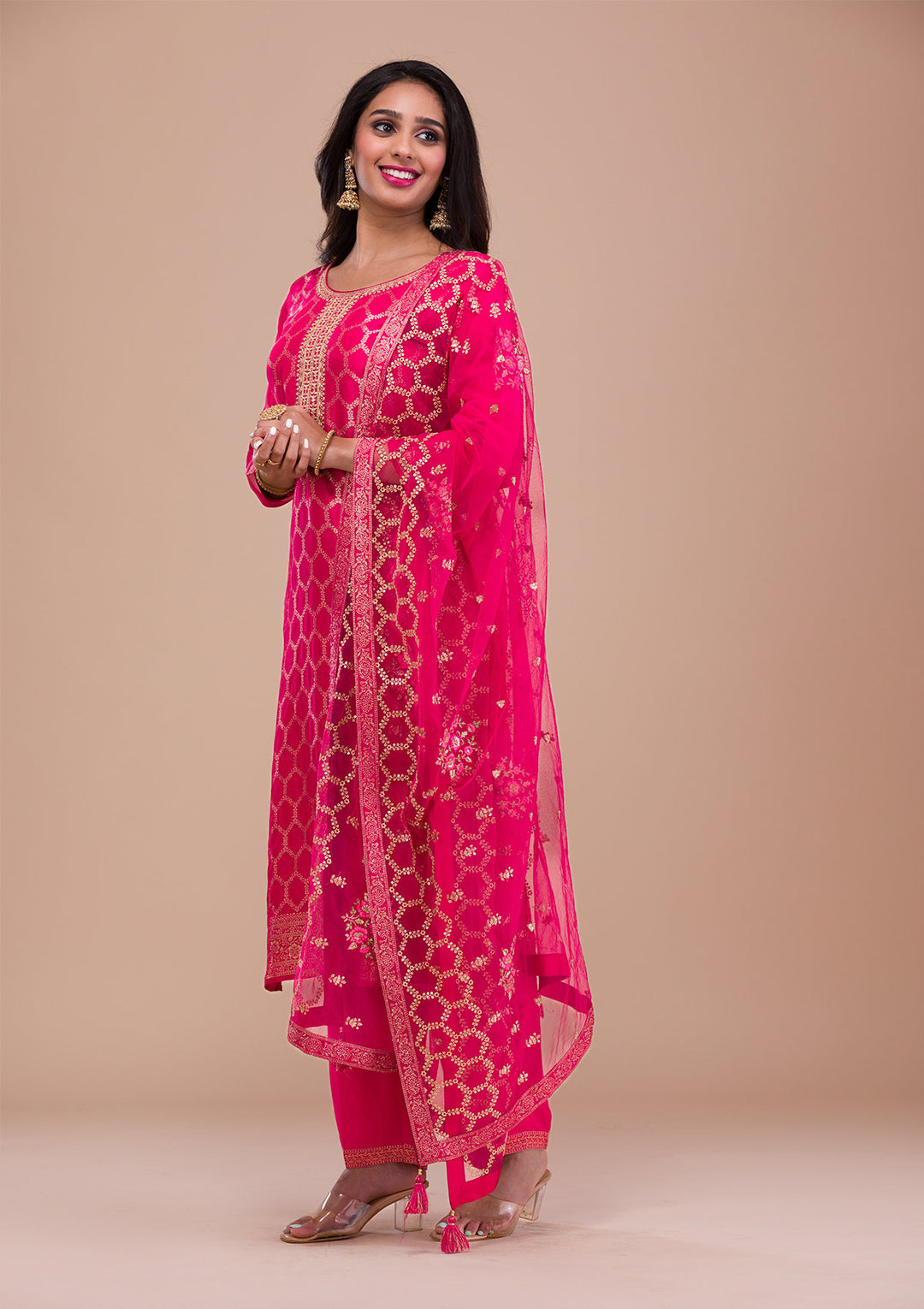 Rani Pink Zariwork Art Silk Readymade Salwar Suit