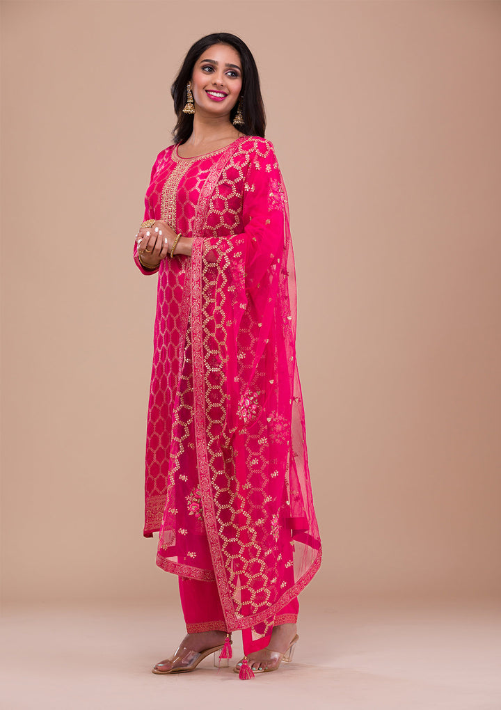 Rani Pink Zariwork Art Silk Readymade Salwar Suit